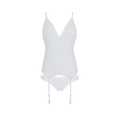 Корсет із пажами, трусики з ажурним декором та відкритим кроком Passion URSULA CORSET S/M, white SO5839 фото
