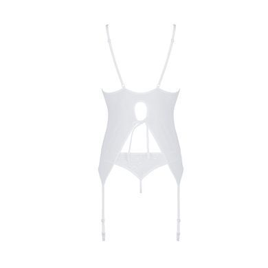 Корсет із пажами, трусики з ажурним декором та відкритим кроком Passion URSULA CORSET S/M, white SO5839 фото