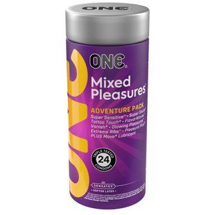 Презервативи ONE Mixed Pleasures, 24 шт, 8 видів, лубрикант у комплекті, подарункове паковання-тубус SX0796 фото