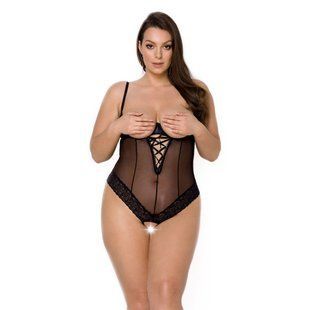 Боді Passion Exclusive NORTH BODY 4XL/5XL black, відкриті груди, з доступом, вініл та мережива SO7108 фото