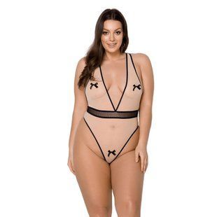Боді Passion VIENA BODY 4XL/5XL, beige, контрастне, бантики, вставка-сітка, відкриті сідниці SO7111 фото