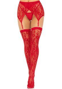Комплект Leg Avenue Lace thigh highs & garterbelt, One Size, червоний, панчохи та пояс з пажами SX1060 фото