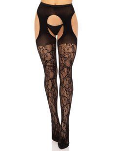 Стрип-колготки Leg Avenue Eyelet lace suspender hose, One Size, чорні, ажурні, з відкритим доступом SX1063 фото