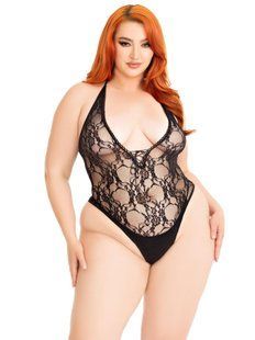 Тедді Leg Avenue Floral lace deep-V teddy, 1X/2X, чорне, мереживне, відкрита спина, високі трусики SX1084 фото